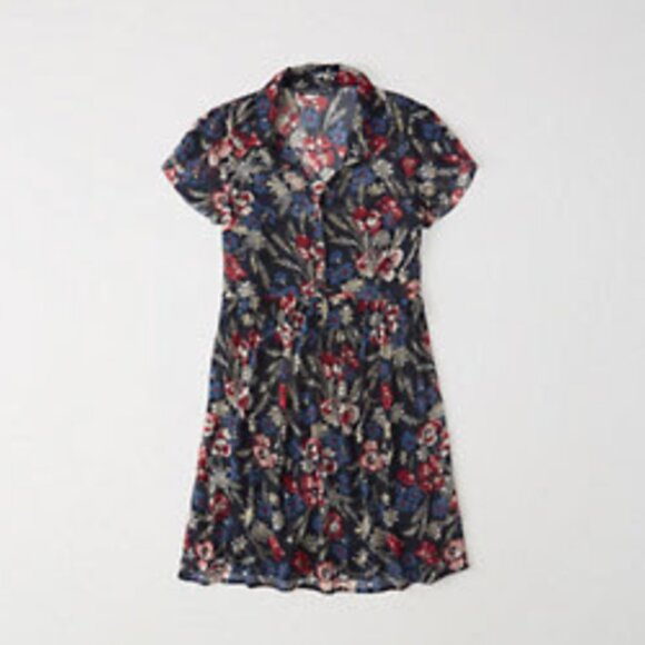 NWT $58 A&F Chiffon Shirt Dress in NAVY BLUE FLORAL - S PETITE! - Picture 1 of 8